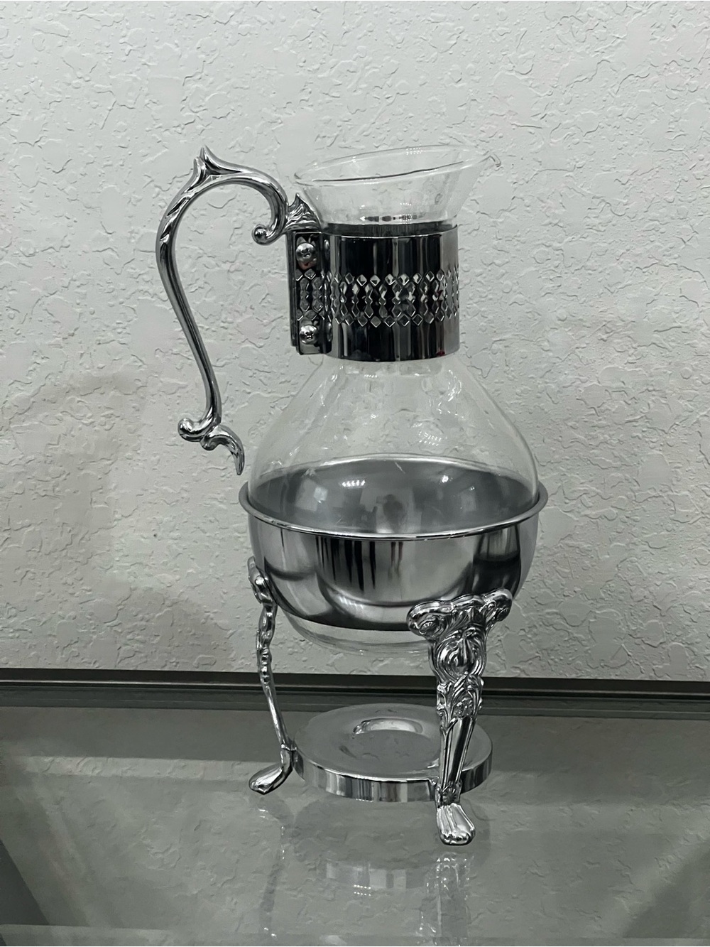 Ornate Silver Glass Pitcher with Stand